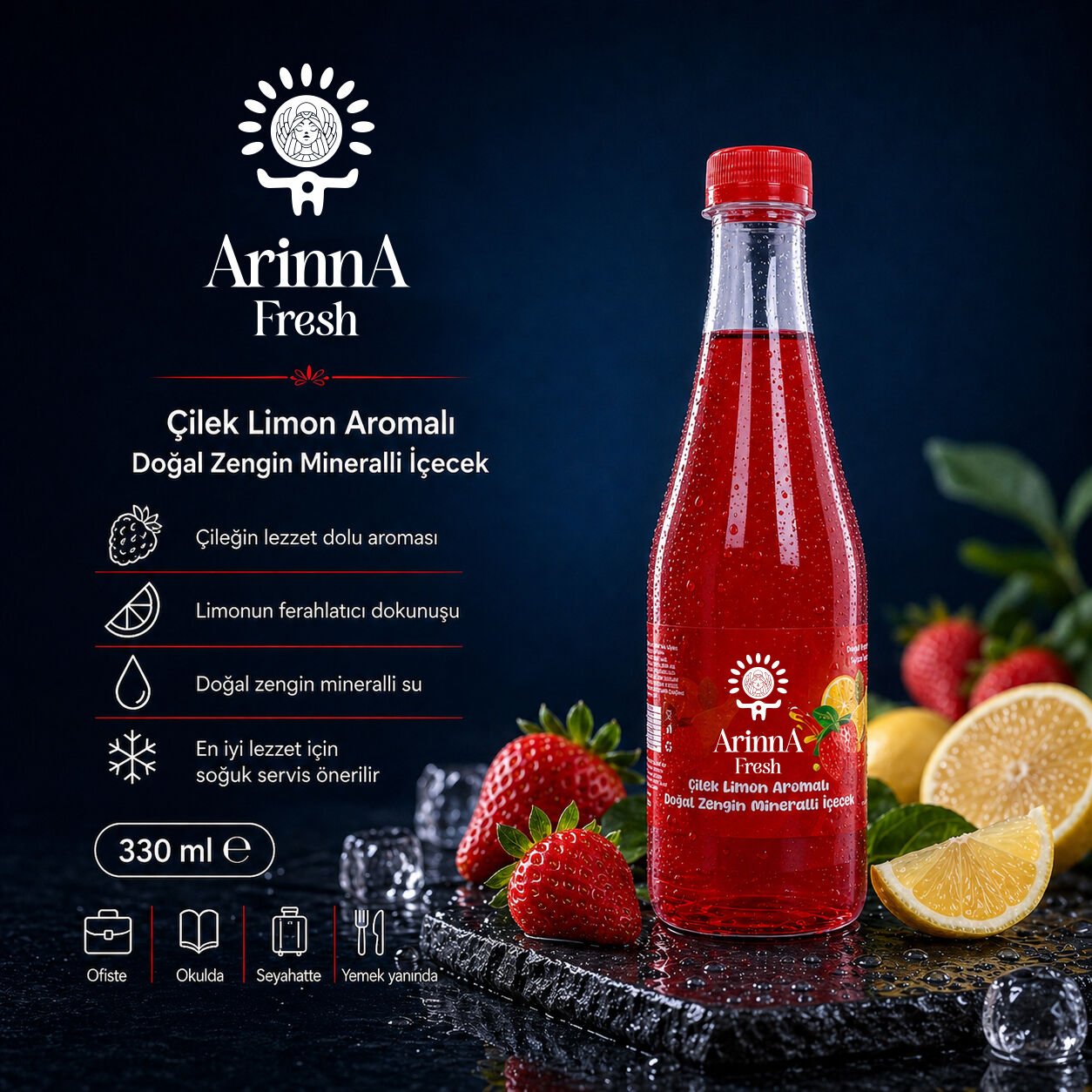 ArinnA Fresh Çilek Limon Aromalı Doğal Zengin Mineralli İçecek 330 ml