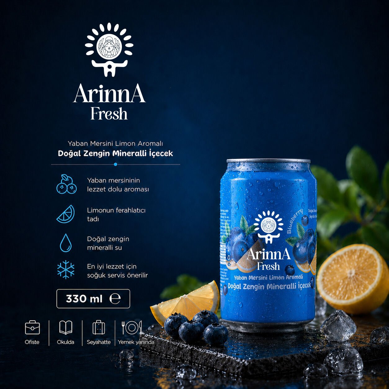 ArinnA Fresh Yaban Mersini Limon Aromalı Doğal Zengin Mineralli İçecek 330 ml